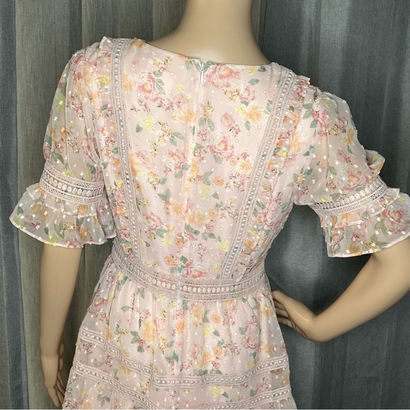 Rachel Parcell Mix Lace Fit Flare Mauve Pink Flutter Sleeve Midi Dress Small - Picture 6 of 11